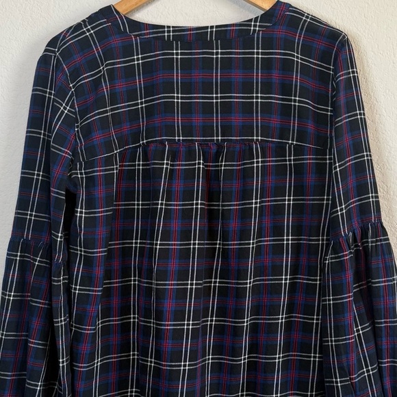 Loft Black Tartan Plaid Split Neck Long Balloon Sleeve Tunic Top Size Large - Picture 8 of 12